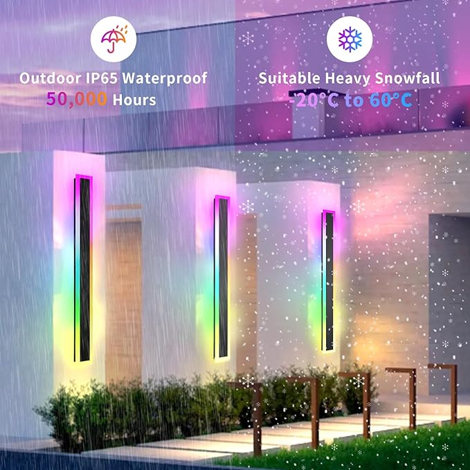 2 Pack Outdoor RGB Long Wall Lights, 23.6inch Wall Lights RGB/Warm/White Dimmable Modern Led Wall Lighting, Ip65 Waterproof Wall Sconce with Remote APP Control for Outdoor/Indoor Party Gathering