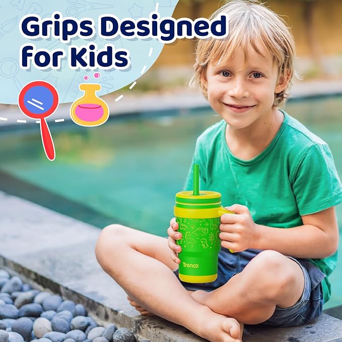 Tronco 14 oz Kids Insulated Tumbler with Handle & Spill Resistant Flexible Straw, BPA-Free Stainless Steel Toddler Cups with Lids, Splash-Proof Kid Drinking Cup Travel Mugs, Hand Wash Only