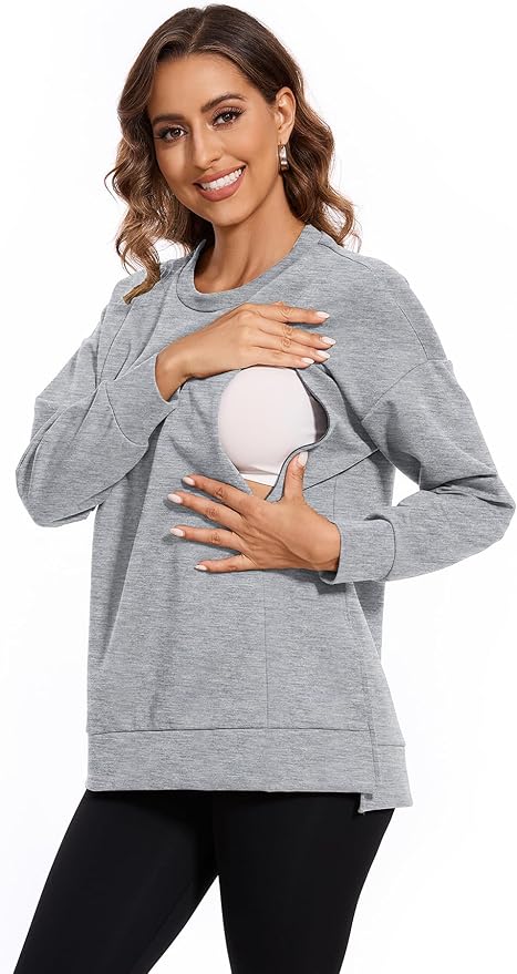 Smallshow Women's Nursing Tops Sweatshirt Long Sleeve Side Split Breastfeeding Shirt