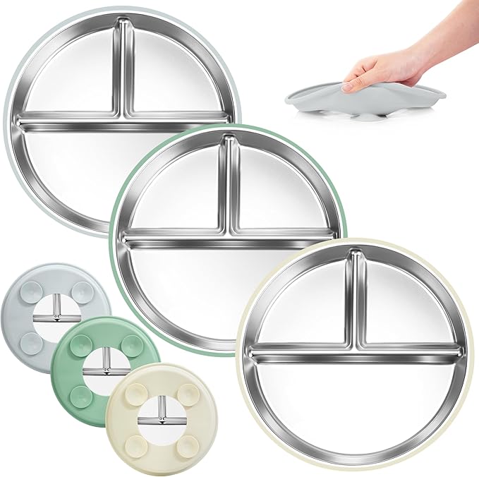 Bella's Friends Stainless Steel Toddler Plates Silicone Suction,3 Packs Non-Slip Baby Plates,Divided Portion,Food-Grade Silicone Plate for Kids,LEAD-FREE Dishwasher Safe, Gray White Green