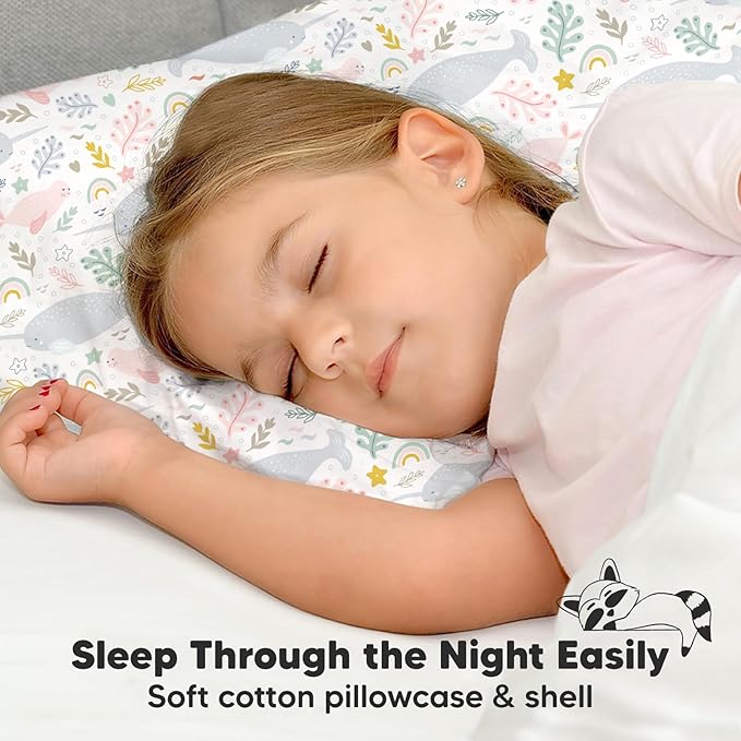 KeaBabies Toddler Pillow with Pillowcase, Jumbo 14X20 - Soft Organic Cotton Toddler Pillows for Sleeping - Machine Washable - Perfect for Travel, Toddler Bed Set (Narwhal)