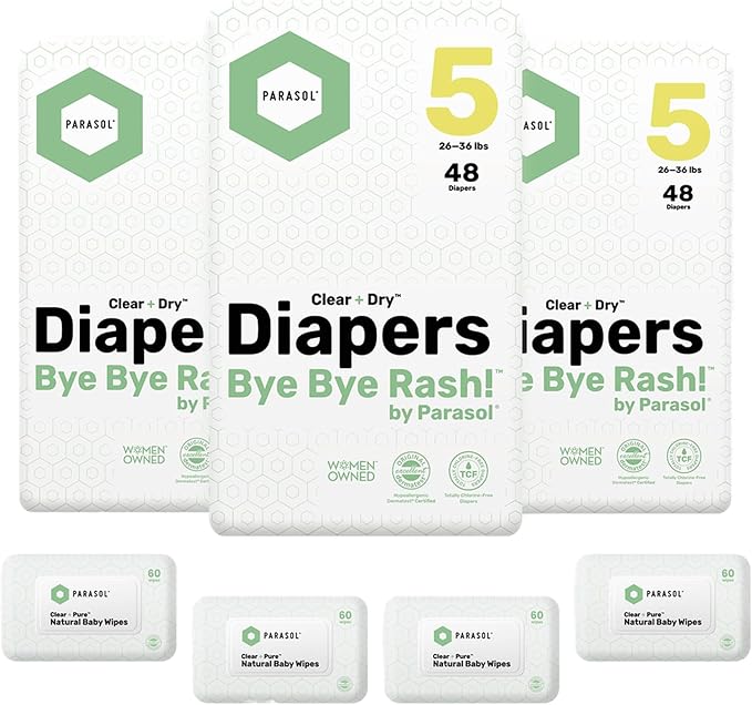 Parasol Clear+Dry Disposable Diapers and Clear+Pure Wipes Kit, RashShield Protection, Size 5 (26-36 lbs), Diaper Bundle of 144 Diapers & 240 Wipes