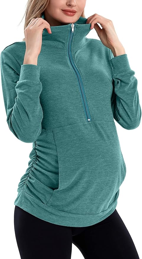 GINKANA Maternity Women's Long Sleeve Shirt Half Zipper Lapel Lightweight Casual Maternity Pullover with Pockets