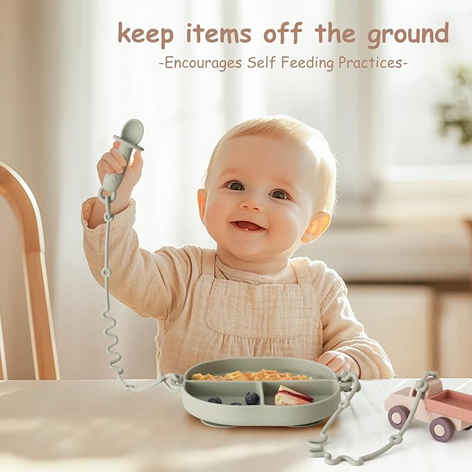 Baby Plates with Suction Silicone Baby Spoons Divided Baby Plates Silicone Baby Safety Toy Straps Baby Bottle Bungees Baby Feeding Set All-in-one-Blush