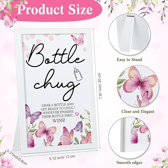 Roowest Bottle Chug Baby Shower Game Favors Including Pink Butterfly Theme Wooden Sign and 18 Pcs Feeding Bottles for Gender Reveal Party Supplies