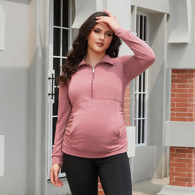 GINKANA Maternity Women's Long Sleeve Shirt Half Zipper Lapel Lightweight Casual Maternity Pullover with Pockets