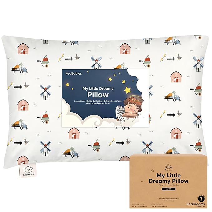 KeaBabies Toddler Pillow with Pillowcase, Jumbo 14X20 - Soft Organic Cotton Toddler Pillows for Sleeping - Machine Washable - Perfect for Travel, Toddler Bed Set (Barn)