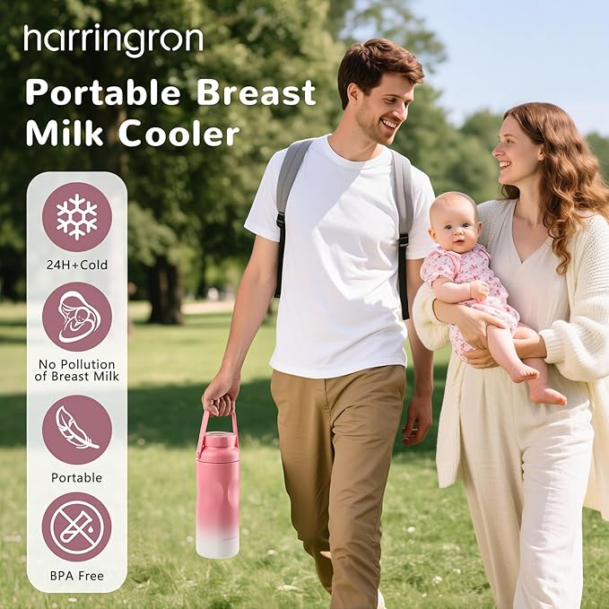 Portable Breast Milk Cooler Bottle - 48 Hours Cold Storage, 22oz Stainless Steel Breastmilk Chiller for Travel, Reusable Milkcooler with 2 Baby Bottles, Outdoor Thermos for Breastfeeding Moms, Pink
