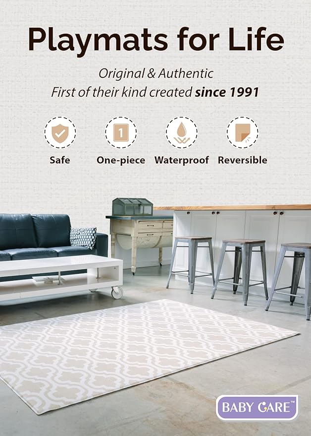 Baby Care Play Mat (Medium, Moroccan - Beige) 73’’ x 49’’ Original One-Piece Reversible Rollable Waterproof Baby Mat for Floor, Play Mat for Babies 6-12 Months, Infants, Toddlers, and Kids