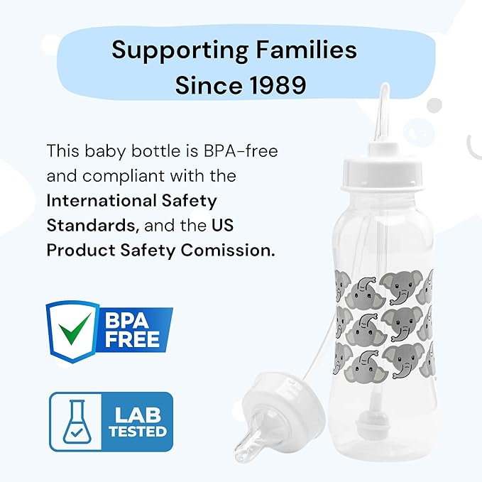 Hands-Free Baby Bottle - Anti-Colic Nursing System 9 oz Baby Bottle with Fast Flow Nipple/Teat 3m+ Infant with Tube Straw Feeding System for Toddler (2 Bottles - Elephant)