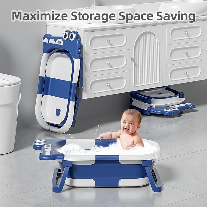 TPN Collapsible Baby Bathtub, Baby Bath Tub with Soft Cushion & Real-Time Thermometer, Baby Bathtub Infant to Toddler Tub (0-36 Months), Portable Travel Baby Tubs for Newborns (Navy Blue)