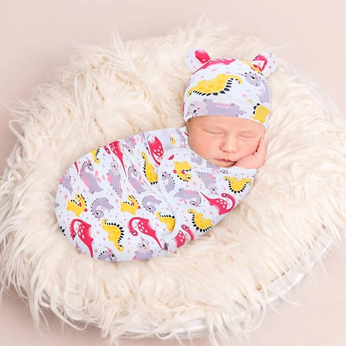 Cinaci 2 Pieces Adjustable Soft Cotton Baby Swaddle Sleep Sacks Hats Newborn Nursery Caps Beanies Bonnets Swaddle Blanket Wraps for Baby Girls Boys Infants Newborns (2PCS S5)