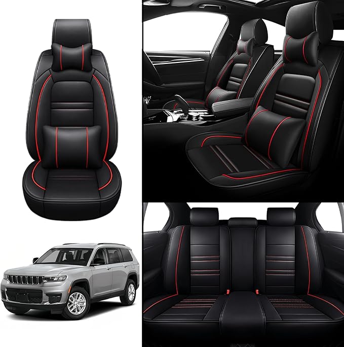 Car Seat Covers for JP Grand Cherokee 2011-2025 | 5-Seats Seat Covers, Waterproof Seat Protectors, Automotive Seat Covers (Full Set with Pillow,Black&Red Line)