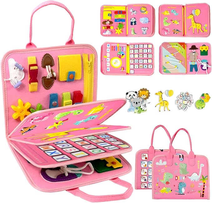 Qizfun Busy Board Montessori Toy for Toddlers, Educational Sensory Learning Toy for Fine Motor Skills, Preschool Travel Toy for Airplane & Car, Gifts for Boys and Girls