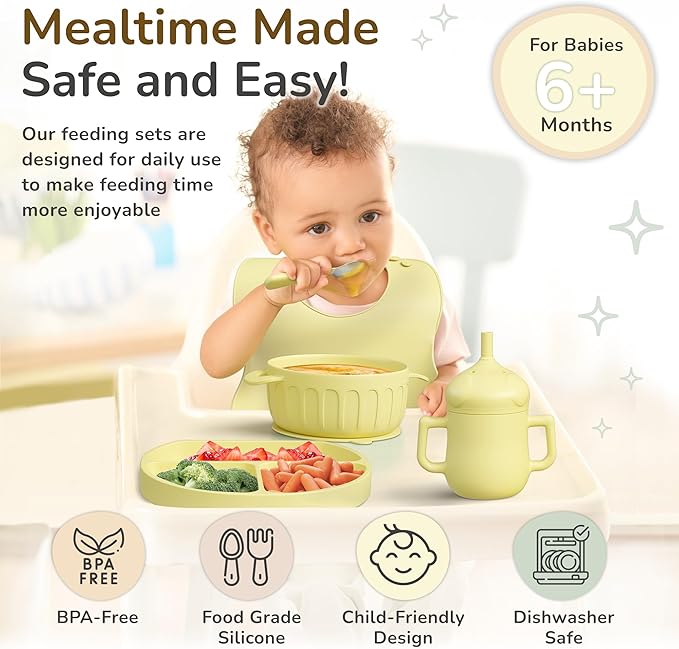 mimi & kiki BPA-Free Silicone Baby Feeding Set, Baby Plates and Bowls Set, Baby Led Weaning Supplies, Silicone Suction Plate, Baby Utensils, Bib and Cup, Self Feeding, Dishwasher Safe (Yellow)