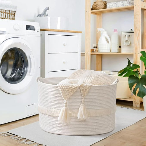 67L Large Blanket Basket, 20"x13" Woven Storage Baskets With Handle, Cotton Rope Blanket Basket Living Room, Baby Laundry hamper for Blanket, Nursery, Toy, Pillow (White)