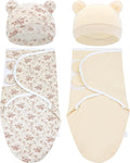 Cinaci 2 Pack Adjustable Soft Cotton Blend Newborn Baby Receiving Swaddle Blankets Sleep Sacks with Nursery Hats Caps Beanies Bonnets for Baby Girls Boys Newborns Infants