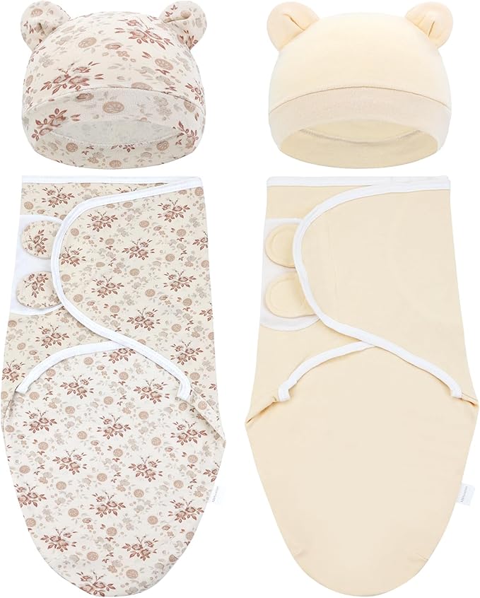 Cinaci 2 Pack Adjustable Soft Cotton Blend Newborn Baby Receiving Swaddle Blankets Sleep Sacks with Nursery Hats Caps Beanies Bonnets for Baby Girls Boys Newborns Infants