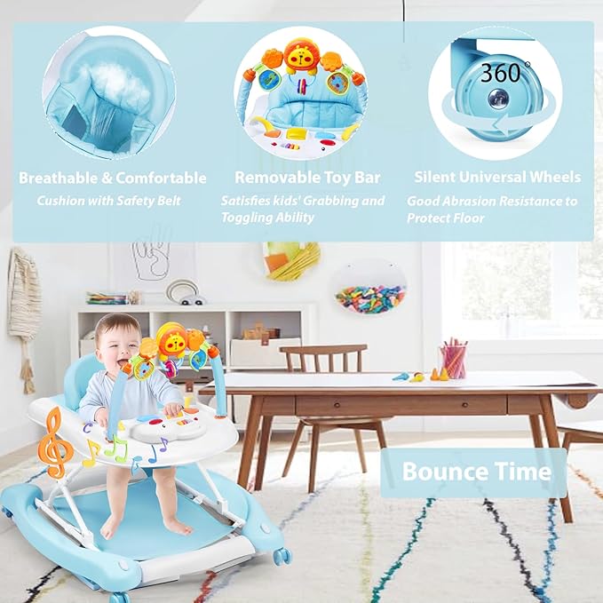 Baby Walker, 5-in-1 Baby Walkers for Boys and Girls 6-12 Months with Bouncer, Removable Footrest, Feeding Tray & Music, Foldable & Adjustable Activity Walker for 6-18 Months Toddler Infant