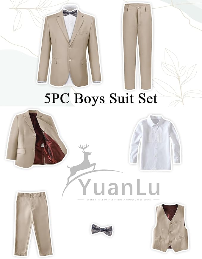 YuanLu Boys Suit for Kids Tuxedo Wedding Ring Bearer Outfit, 5 Piece Boy Slim Fit Formal Suits with Adjustable Waist