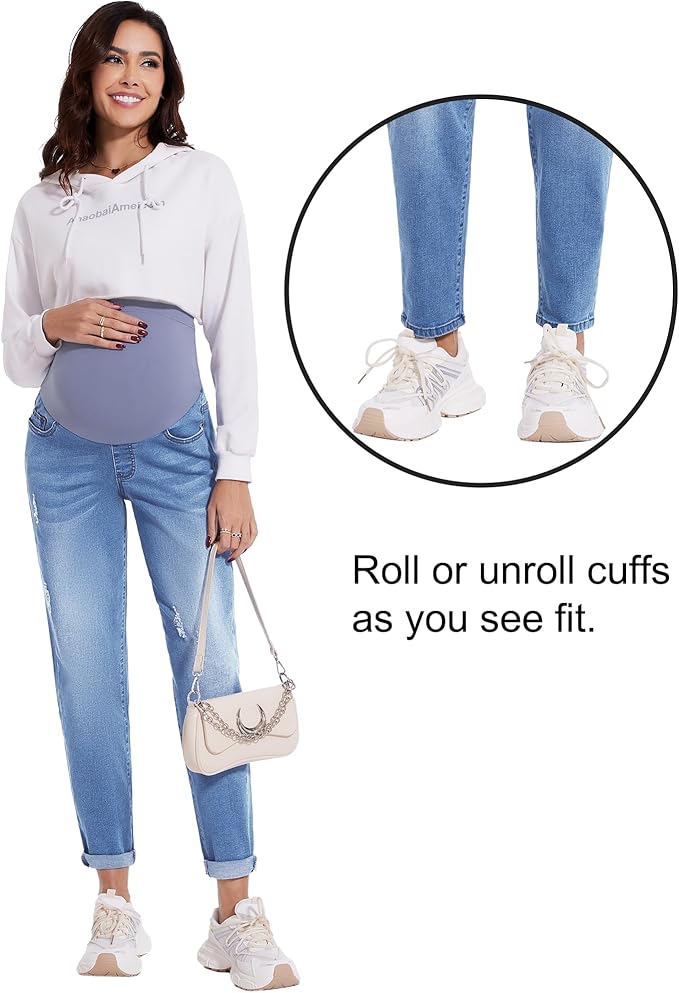 POSHGLAM Women's Maternity Jeans Over Belly Comfy Stretch 28'' Boyfriend Jeans Loose Pregnancy Pants, S-XXL