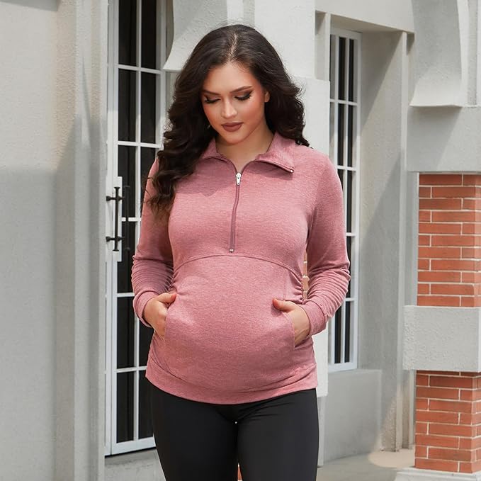 GINKANA Maternity Women's Long Sleeve Shirt Half Zipper Lapel Lightweight Casual Maternity Pullover with Pockets