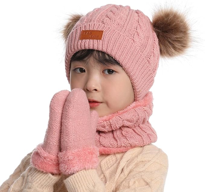 Duoyeree Baby Winter Hat Scarf Glove Beanie Set Girls Boys Pom Pom Knitted Beanie Mitten Scarves for Toddler 0-3T