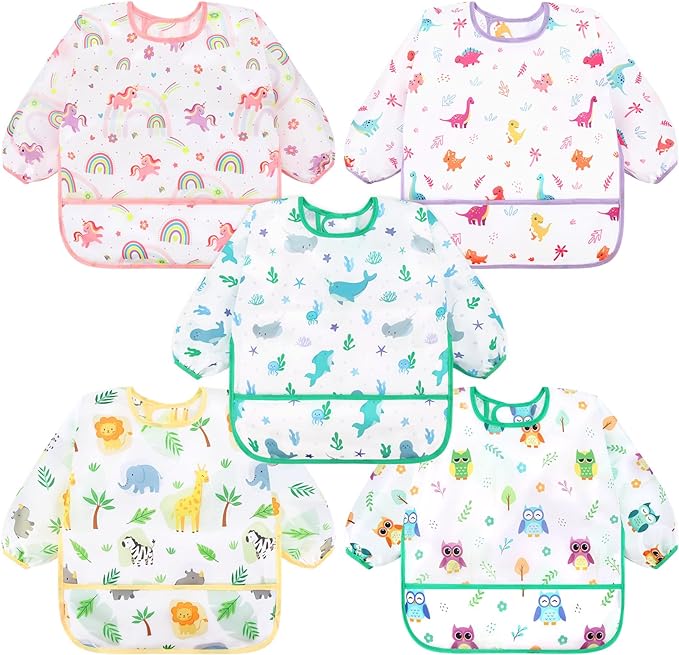 Accmor 5 Pack Long Sleeve Bibs, Baby Smock Waterproof Sleeved Bib Smock for Baby Toddler 6-36 Months