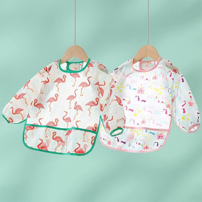 5 Pack Long Sleeve Bib,Baby Toddler Waterproof Sleeved Bib for 6-30 Months Reusable with Catch-all Pocket
