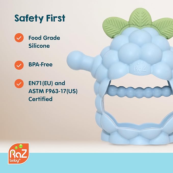 RaZbaby RaZberry Grip Silicone Teether Toy for 3M+ | Drop Resistant Hand Held Teether for Babies and Infants - Designed by Nature with Our Patented BerryBumps Multitextured Design | 3M+, Red
