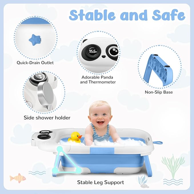 Collapsible Baby Bathtub for Newborn, Baby Bath Tub with Thermometer & Soft Floating Cushion & Drain Hole for Infant to Toddler, Portable Travel Bathtub with No-Slip Feet for 0-36 Months-Blue