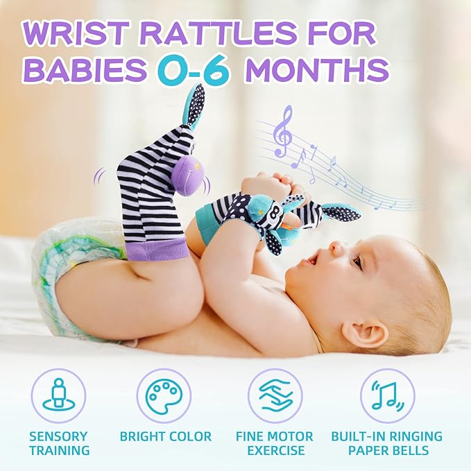 Baby Rattle 0-6 Months, Infant Rattle Socks Toys, Soft Newborn Sensory Toys,Infant Wrist Rattles for Babies 0-6 Months,Baby Gifts 6-12 Months（Purple）