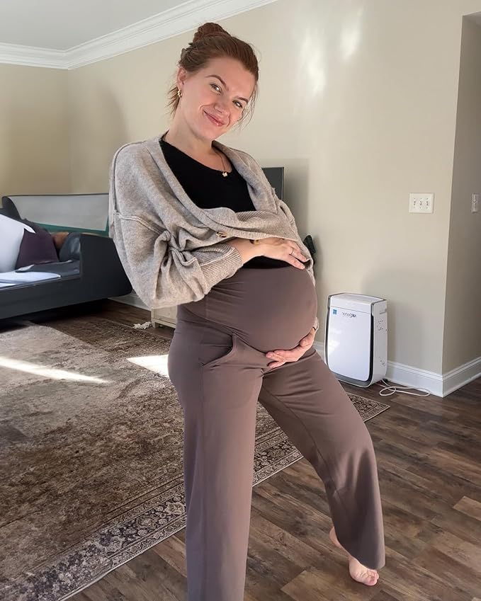 G4Free Maternity Pants Over The Belly Yoga Dress Work Pregnancy Pants Stretchy Lounge Wide Leg Trousers with Pockets