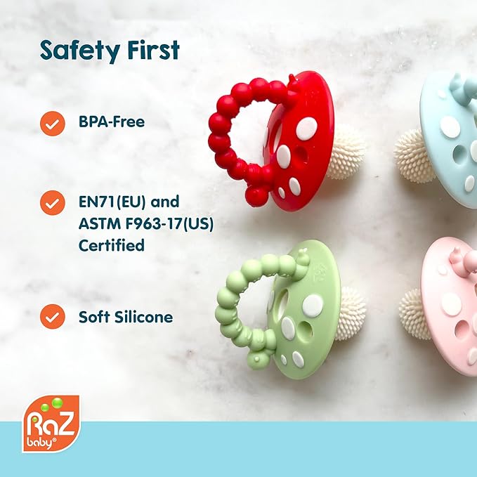 RaZbaby Soft Silicone Infant & Baby 3M+ Teether Toy Massaging Bristles Teething Relief Pacifier - Soothes Sore Gums - Hands-Free & Easy-to-Hold Chompy Teether, BPA Free (RED/Green)