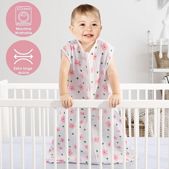 2 Pack Baby Sleep Sack 0-6 Months 100% Cotton Muslin Baby Sleeping Bag 2-Way Zipper Wearable Blankets (Flower & Cherry, Small)