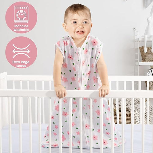 2 Pack Baby Sleep Sack 0-6 Months 100% Cotton Muslin Baby Sleeping Bag 2-Way Zipper Wearable Blankets (Flower & Cherry, Small)