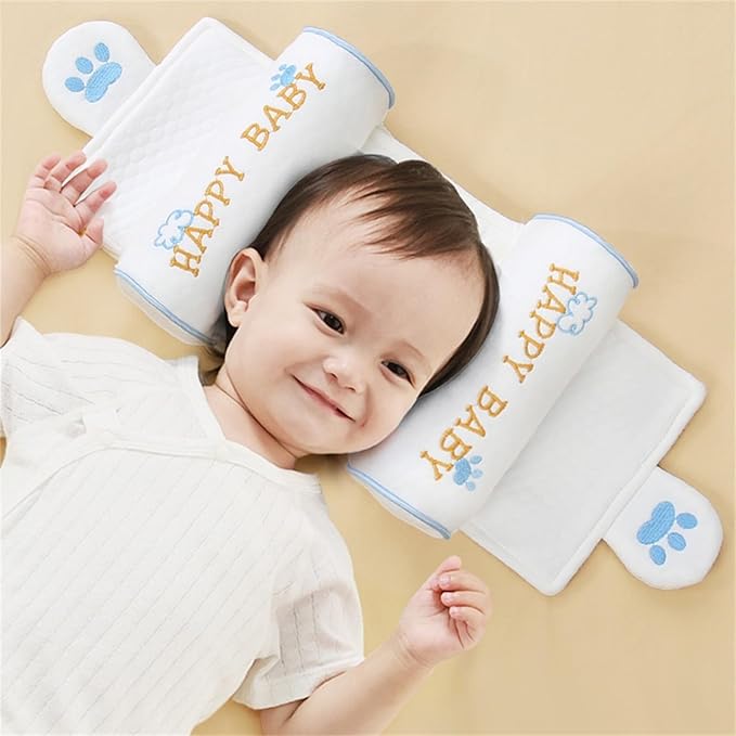 Kariney Baby Pillow, Compariston All-Season Breathable Pillow for Baby Development, Organic Cotton Adjustable Infant Head Cushion (Blue,Deer)