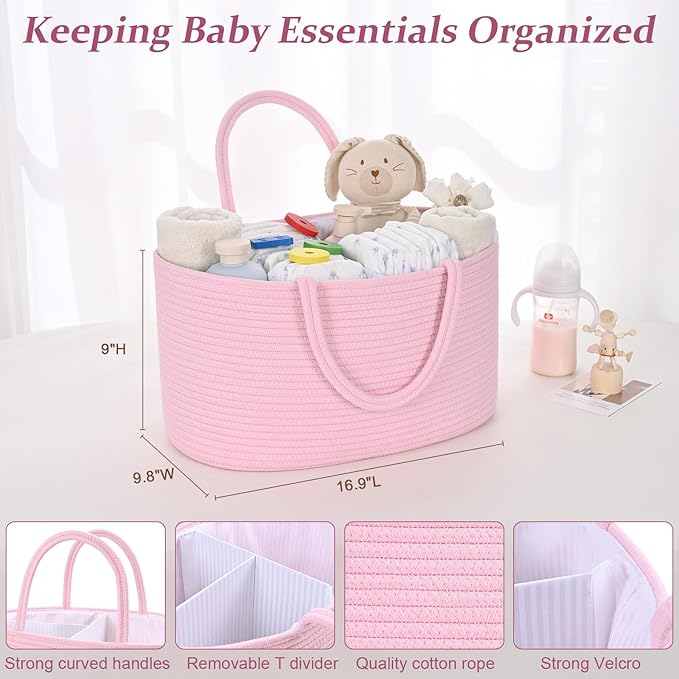 Baby Diaper Caddy Organizer, Cotton Rope Diaper Basket, Baby Basket for Changing Table, Nursery, Car, Changing Table Storage Bin With Removable Divider, Baby Shower Gifts for Newborn, Baby Essentials