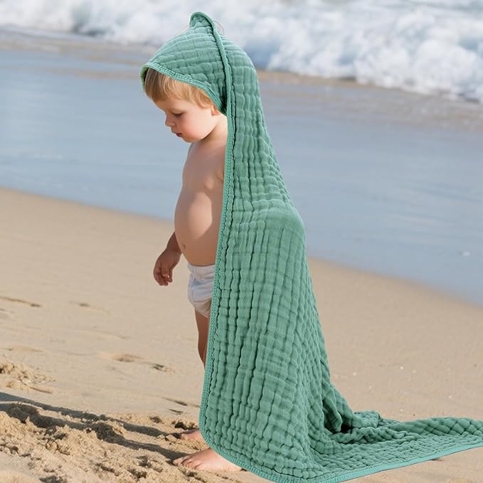 Muslin Hooded Baby Towels 100% Cotton ，Super Soft Muslin Baby Bath Towel - 32 x 32 Inches, Suitable for Newborn and Young Children up to 3 Years Old. (Beige & Green)