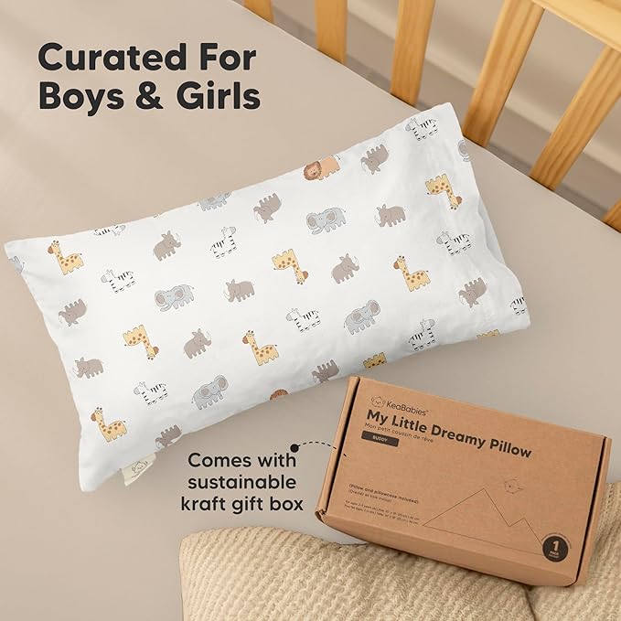 Toddler Pillow with Pillowcase - 10x18 My Little Dreamy Kids Travel Bed Pillows for Sleeping, Organic Cotton Small Pillowcase, Soft & Breathable, Machine Washable,Toddlers 2-5 Years Old (Safari Echo)