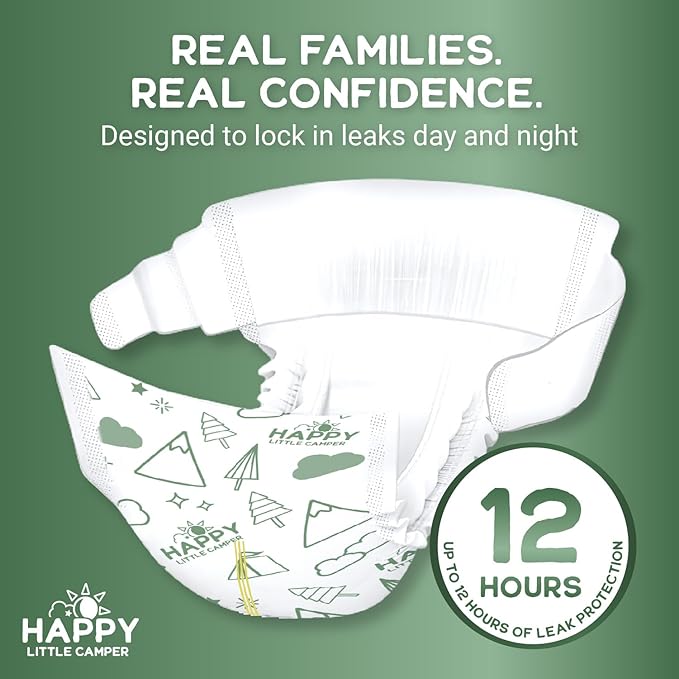 Happy Little Camper Super Saver Diapers, Size 1, 25 Count | Budget-Friendly Disposable Baby Diapers for Sensitive Skin | Hypoallergenic, Fragrance-Free, Ultra Absorbent