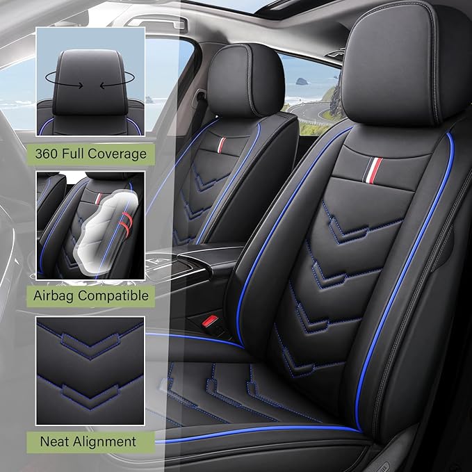 Leather Car Seat Covers Fit for LR Defender 2020-2025, 5 Seater Waterproof and Wear-Resistant Seat Cover Interior Accessories(Full Set,Black&Blue)