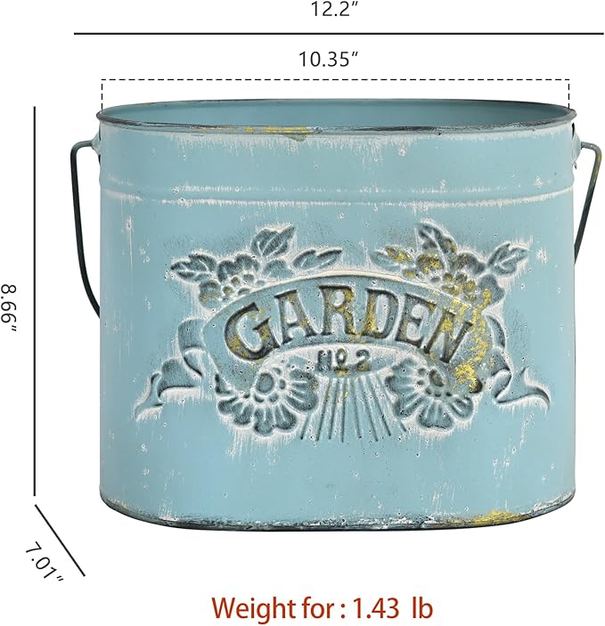 Vintage Distressed Blue Metal Planter Pot with Handles, Garden No.2 Embossed Design, Rustic Farmhouse Flower Bucket for Indoor Outdoor Gardening, Succulents, Herbs, Home Decor