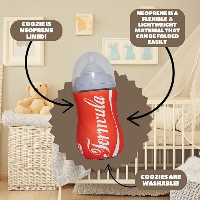 Soft Drink Themed Coozies for Baby Bottles - Funny Gift for New Parents & Baby Showers - (2 Premium Designed Neoprene Coozies + BPA/Lead/Phthalate Free Bottle Included)