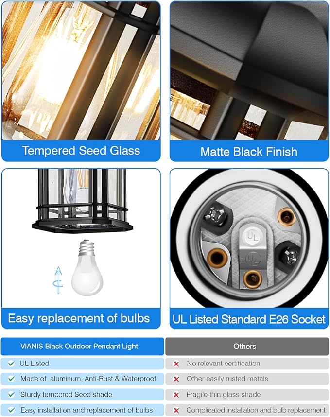 VIANIS Large Outdoor Pendant Light, Black Chandelier Lantern, Anti-Rust Outdoor Hanging Lights, Porch Lights Ceiling with Tempered Seed Glass for House