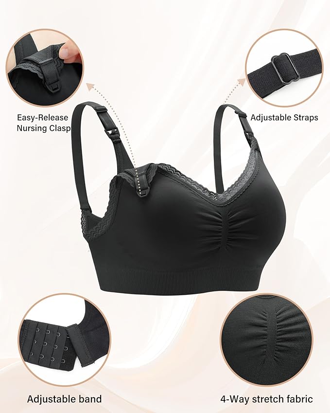 Stelle Lace Nursing Bras for Breastfeeding Seamless Pregnancy Maternity Wireless Bralette with Pads, Extenders