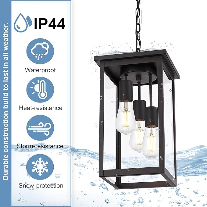 TODOLUZ 3-Light Large Outdoor Pendant Light Fixtures with Height Adjustable, Porch Hanging Lighting E26 Bulb Base in Oil Rubbed Bronze, Exterior Ceiling Lamp for Entrance Patio Garden