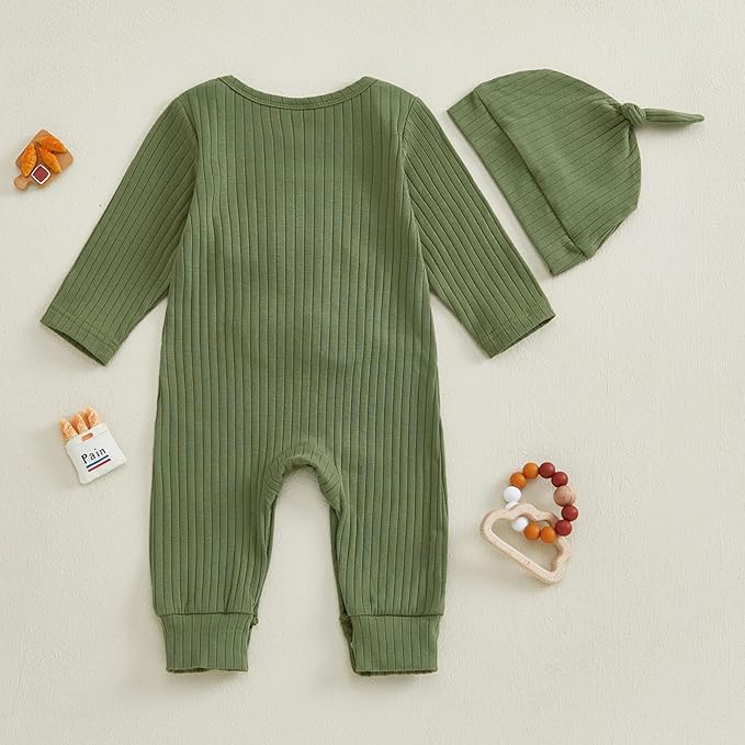 Fernvia Newborn Baby Boy Clothes Letters Print Bodysuit 3 6 9 12 18 Months Long Sleeve Jumpsuit with Hat 2PCS Outfits Set