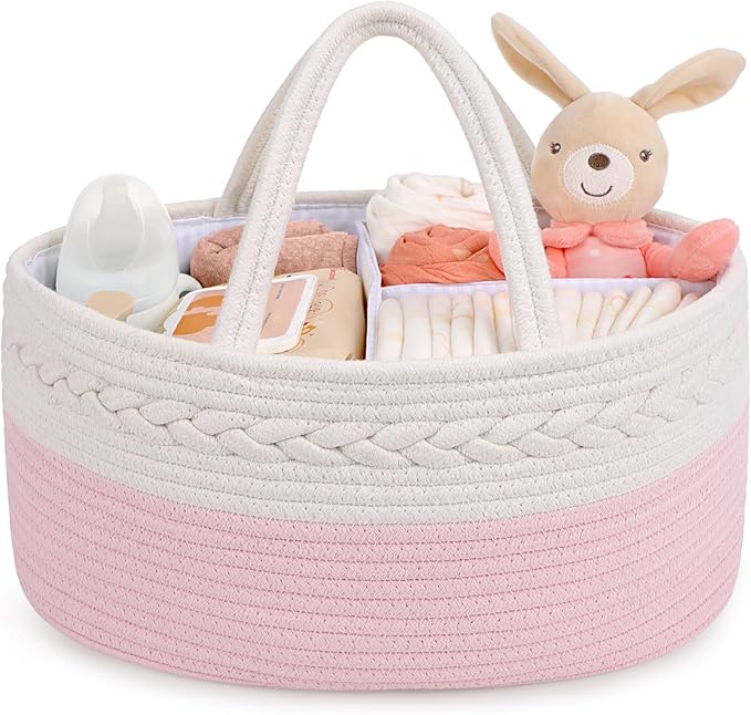 Maliton Diaper Caddy for Baby Girl-Cotton Rope Diaper Caddy, Diaper Organizer for Changing Table, Portable Baby Basket for Storage Baby Stuff, Newborn Registry Must Have Items