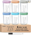 DRKIO 6 Pack Glass Baby Food Storage Containers - 8 Oz Baby Food Jars with Lids Baby Food Maker Microwave Dishwasher Freezer Safe 100% Leak Proof BPA Free Reusable